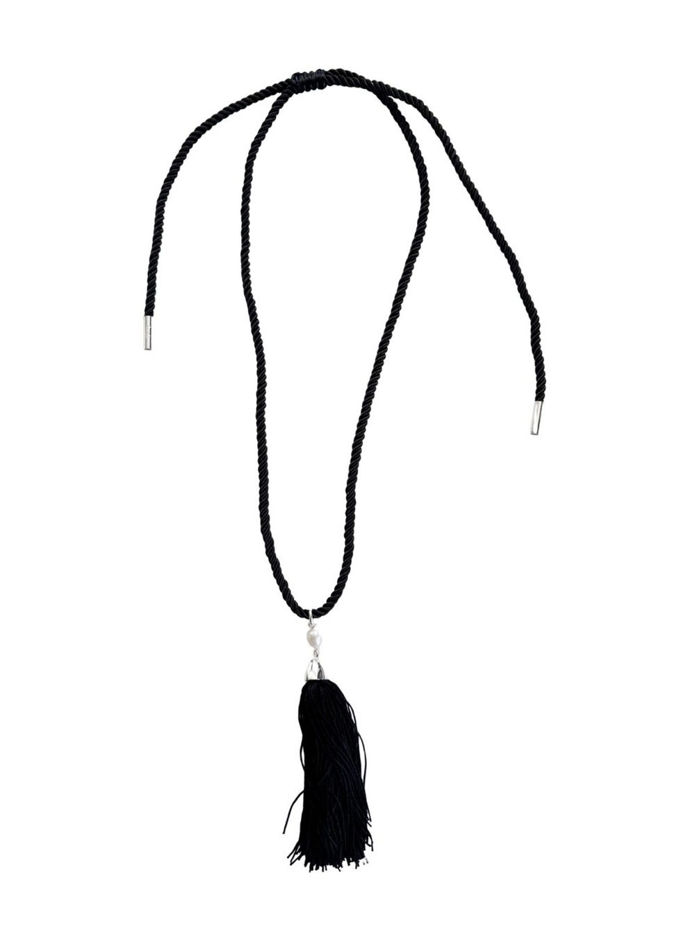 Mademoiselle Jules Black Tassel Rope Black Fringe Necklace with Pearl Detail